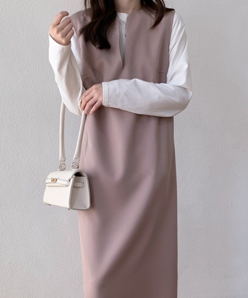 ABITOKYO（アビトーキョー）の「スキッパーロングジャンパースカート（ワンピース・レディース・ネイビー/ベージュ/モカ/ピンク/グリーン/ダークブラウン/カーキ/ブルーグレー/ブラック/アイボリー・L/M/S）」の15枚目の写真