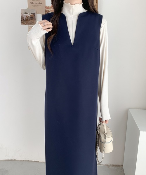 ABITOKYO（アビトーキョー）の「スキッパーロングジャンパースカート（ワンピース・レディース・ネイビー/ベージュ/モカ/ピンク/グリーン/ダークブラウン/カーキ/ブルーグレー/ブラック/アイボリー・L/M/S）」の16枚目の写真