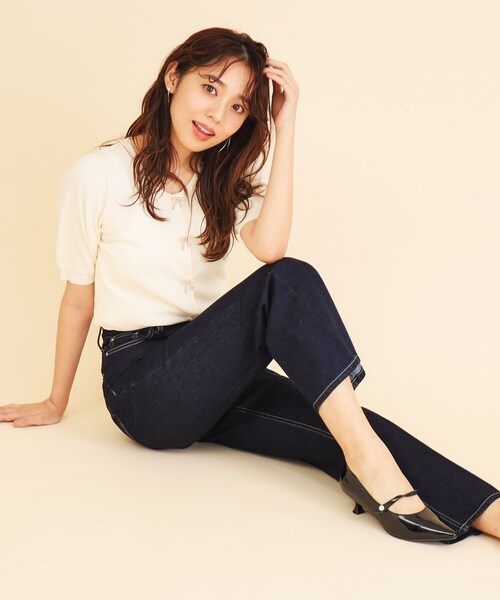 index（インデックス）の「◆ワイドストレートフレアデニム【洗濯機洗い可】（デニムパンツ・レディース・サックスブルー/ライトブルー/ネイビー・36/38/40）」の2枚目の写真