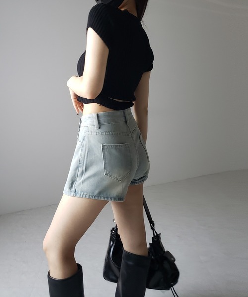 me+em select（ミームセレクト）の「【 ４size 】サイドリボンレイヤードウォッシュデニムミニスカパン ／　side ribbon layered wash denim mini skirt pants（デニムパンツ・レディース・ライトブルー・SMALL/MEDIUM/LARGE/X-LARGE）」の16枚目の写真