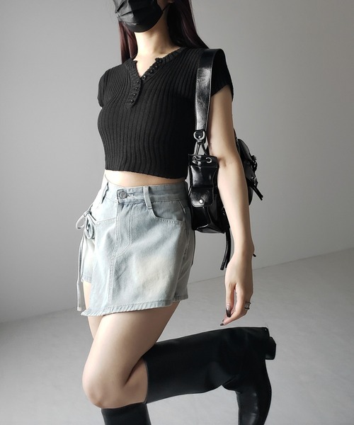 me+em select（ミームセレクト）の「【 ４size 】サイドリボンレイヤードウォッシュデニムミニスカパン ／　side ribbon layered wash denim mini skirt pants（デニムパンツ・レディース・ライトブルー・SMALL/MEDIUM/LARGE/X-LARGE）」の14枚目の写真