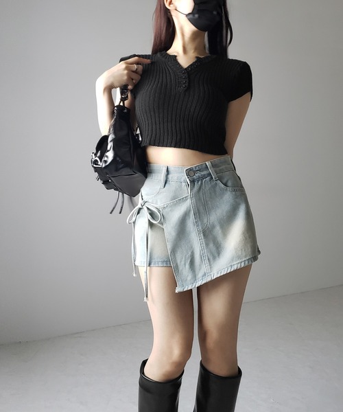 me+em select（ミームセレクト）の「【 ４size 】サイドリボンレイヤードウォッシュデニムミニスカパン ／　side ribbon layered wash denim mini skirt pants（デニムパンツ・レディース・ライトブルー・SMALL/MEDIUM/LARGE/X-LARGE）」の15枚目の写真