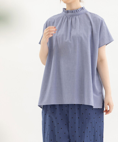 ノップドゥノッド 2way リネン スカラップカラー ブラウス ネイビー 麻 M セール】フリルカラー2wayフレンチスリーブブラウス(シャツ