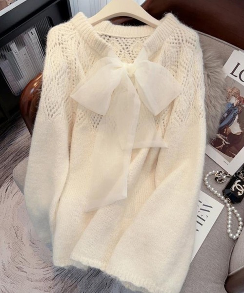 SPIGA（スピーガ）の「ﾓﾍｱｼﾞｬｶﾞｰﾄﾞ模様透かし編みﾘﾎﾞﾝﾂｷﾆｯﾄﾄｯﾌﾟｽ（ニット/セーター・レディース・イエロー/アイボリー・FREE）」の2枚目の写真