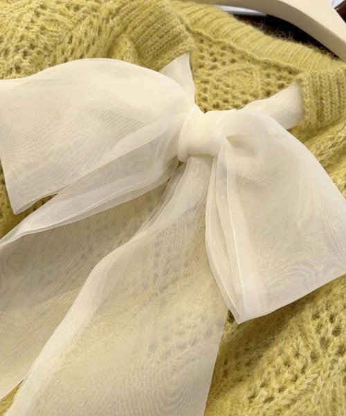 SPIGA（スピーガ）の「ﾓﾍｱｼﾞｬｶﾞｰﾄﾞ模様透かし編みﾘﾎﾞﾝﾂｷﾆｯﾄﾄｯﾌﾟｽ（ニット/セーター・レディース・イエロー/アイボリー・FREE）」の3枚目の写真