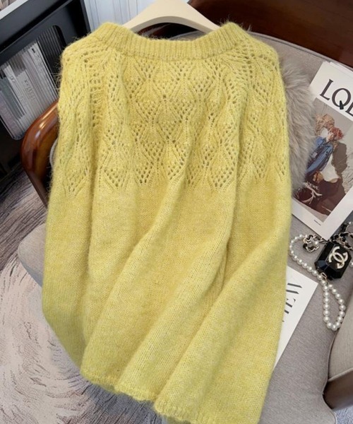 SPIGA（スピーガ）の「ﾓﾍｱｼﾞｬｶﾞｰﾄﾞ模様透かし編みﾘﾎﾞﾝﾂｷﾆｯﾄﾄｯﾌﾟｽ（ニット/セーター・レディース・イエロー/アイボリー・FREE）」の5枚目の写真