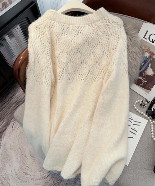SPIGA（スピーガ）の「ﾓﾍｱｼﾞｬｶﾞｰﾄﾞ模様透かし編みﾘﾎﾞﾝﾂｷﾆｯﾄﾄｯﾌﾟｽ（ニット/セーター・レディース・イエロー/アイボリー・FREE）」の7枚目の写真