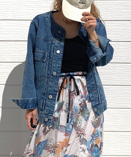 Q（キュー）の「デニムノーカラージャケット（デニムジャケット・レディース・ブルー・MEDIUM）」の8枚目の写真