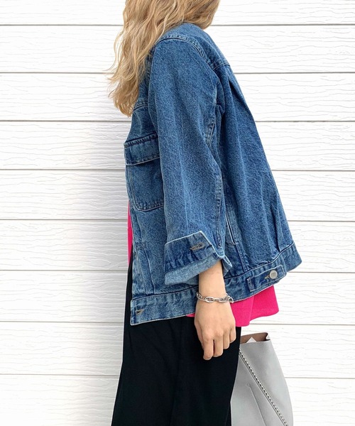 Q（キュー）の「デニムノーカラージャケット（デニムジャケット・レディース・ブルー・MEDIUM）」の14枚目の写真