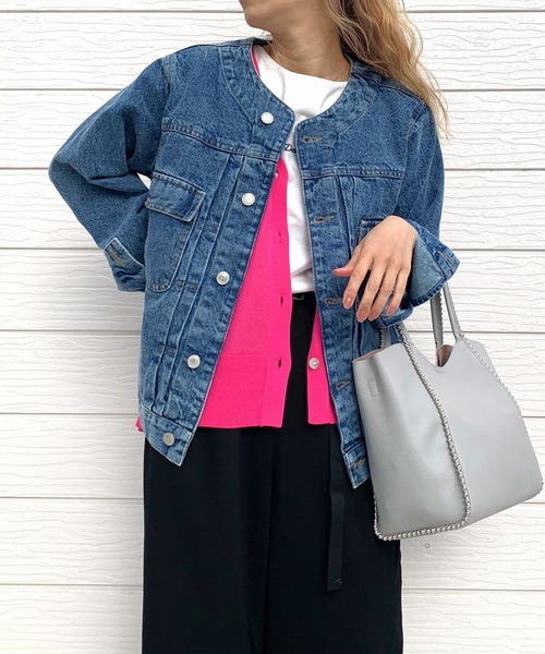 Q（キュー）の「デニムノーカラージャケット（デニムジャケット・レディース・ブルー・MEDIUM）」の12枚目の写真