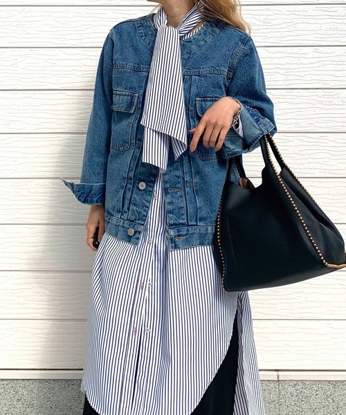 Q（キュー）の「デニムノーカラージャケット（デニムジャケット・レディース・ブルー・MEDIUM）」の16枚目の写真