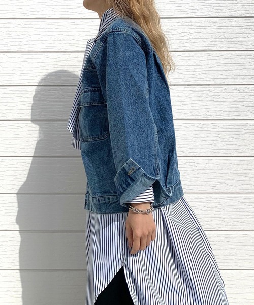 Q（キュー）の「デニムノーカラージャケット（デニムジャケット・レディース・ブルー・MEDIUM）」の17枚目の写真