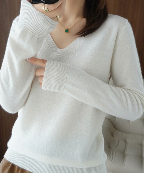 blackdia ocean(ブラックダイヤオーシャン)の「blackdia ocean シンプルVネックニット(ニット/セーター・レディース・ブラック/ピンク/ダークブラウン/ライトグレー/ホワイト/ライトパープル/ベージュ/ライトブラウン・LARGE/MEDIUM/SMALL)」の3枚目の写真