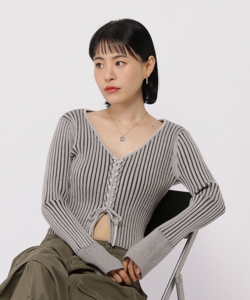 3.3 Field Trip （3.3フィールドトリップ）の「3.3 Field Trip／リブニットカーデ（カーディガン/ボレロ・レディース・グレー/アイボリー・FREE）」の6枚目の写真