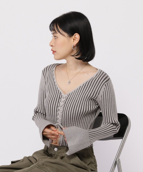 3.3 Field Trip （3.3フィールドトリップ）の「3.3 Field Trip／リブニットカーデ（カーディガン/ボレロ・レディース・グレー/アイボリー・FREE）」の5枚目の写真