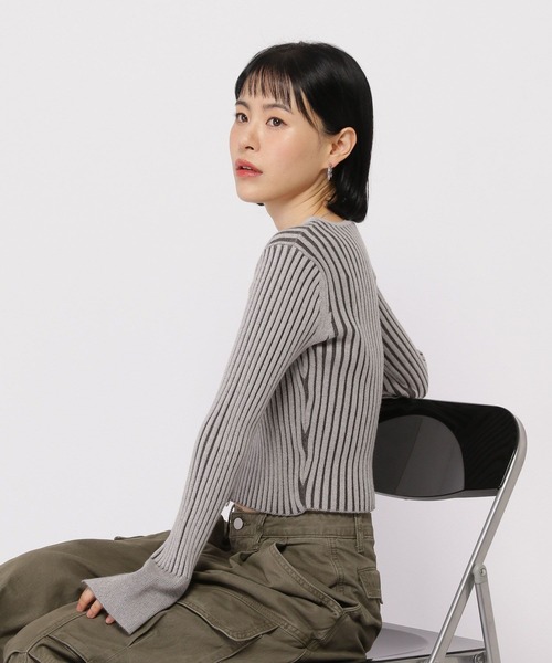 3.3 Field Trip （3.3フィールドトリップ）の「3.3 Field Trip／リブニットカーデ（カーディガン/ボレロ・レディース・グレー/アイボリー・FREE）」の4枚目の写真