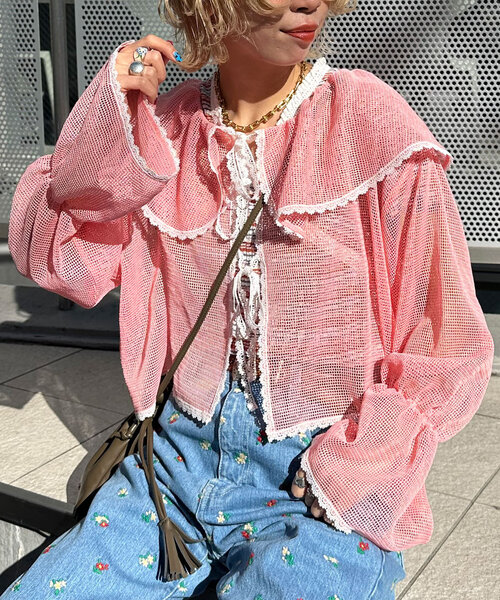 HELLO.SANFRANCISCO（ハローサンフランシスコ）の「【HELLO.SANFRANCISCO/ハローサンフランシスコ】メッシュレースボレロブラウス（シャツ/ブラウス・レディース・オフホワイト/ブラック/ピンク/イエロー・ONE SIZE）」の4枚目の写真