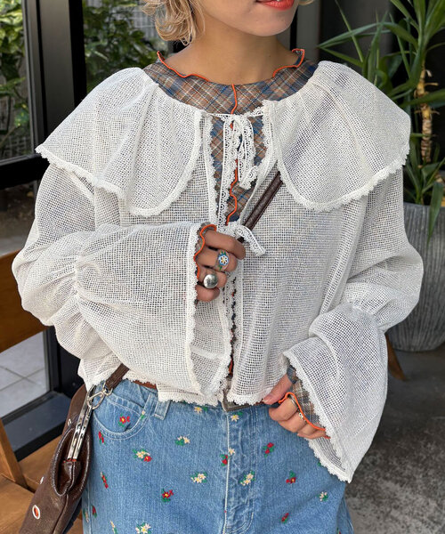 HELLO.SANFRANCISCO（ハローサンフランシスコ）の「【HELLO.SANFRANCISCO/ハローサンフランシスコ】メッシュレースボレロブラウス（シャツ/ブラウス・レディース・オフホワイト/ブラック/ピンク/イエロー・ONE SIZE）」の5枚目の写真