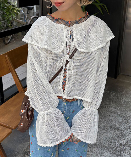 HELLO.SANFRANCISCO（ハローサンフランシスコ）の「【HELLO.SANFRANCISCO/ハローサンフランシスコ】メッシュレースボレロブラウス（シャツ/ブラウス・レディース・オフホワイト/ブラック/ピンク/イエロー・ONE SIZE）」の6枚目の写真