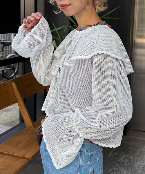 HELLO.SANFRANCISCO（ハローサンフランシスコ）の「【HELLO.SANFRANCISCO/ハローサンフランシスコ】メッシュレースボレロブラウス（シャツ/ブラウス・レディース・オフホワイト/ブラック/ピンク/イエロー・ONE SIZE）」の8枚目の写真