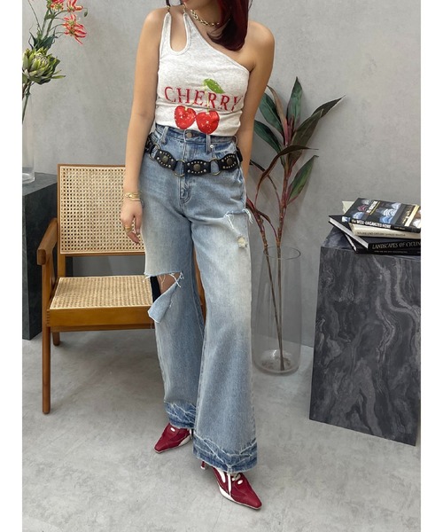 EVRIS（エヴリス）の「カットアウトワイドデニムパンツ（デニムパンツ・レディース・インディゴブルー/ライトブルー・MEDIUM/SMALL）」の14枚目の写真