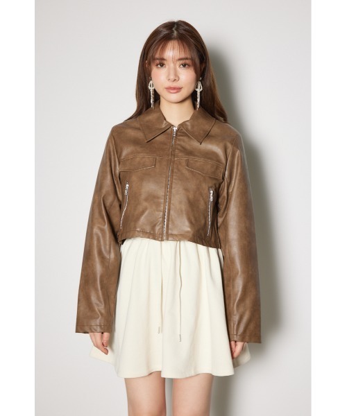 フェイクレザーショートZIPジャケット　rienda ブラック Mサイズ リエンダ rienda フェイクレザーショートZIP JK （BLK