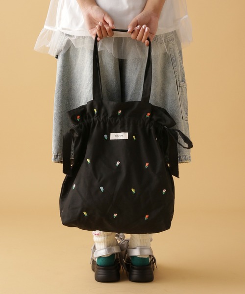 ブラックWデニム♡刺繍のリボンバッグ♡ストーン付き セール】Wリボンショルダーバッグ[tiny tiny(ティニーティニー