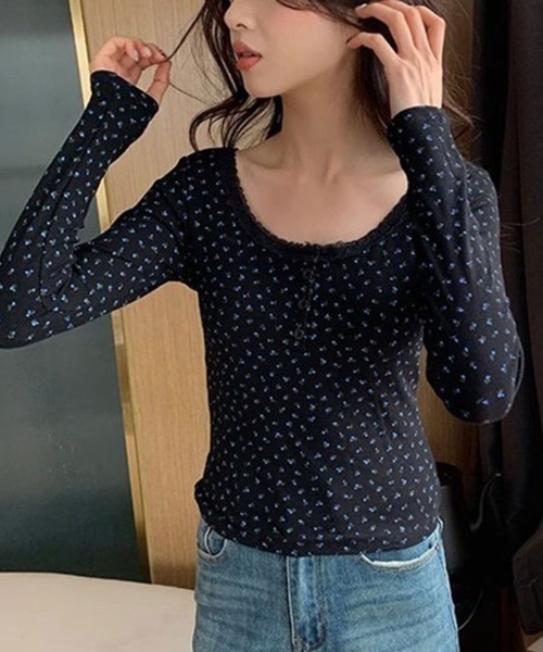 SallyLunn(サリーラン)の「フラワーレースヘンリーネックT(Tシャツ/カットソー・レディース・ブラック/ホワイト・MEDIUM/LARGE)」の3枚目の写真