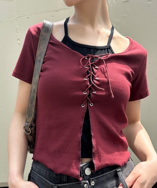 SpRay（スプレイ）の「レ－スアップフェイクレイヤ－ドトップス（Tシャツ/カットソー・レディース・ベージュ/ブラウン/アイボリー/ブラック/ボルドー/ダークカーキ/レッド系その他・FREE）」の7枚目の写真