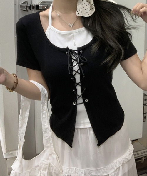 SpRay（スプレイ）の「レ－スアップフェイクレイヤ－ドトップス（Tシャツ/カットソー・レディース・ベージュ/ブラウン/アイボリー/ブラック/ボルドー/ダークカーキ/レッド系その他・FREE）」の3枚目の写真