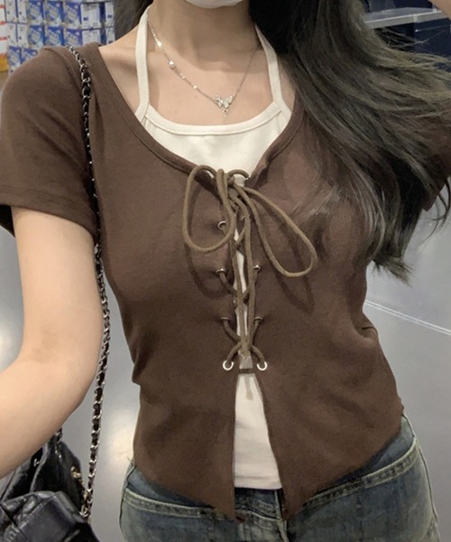 SpRay（スプレイ）の「レ－スアップフェイクレイヤ－ドトップス（Tシャツ/カットソー・レディース・ベージュ/ブラウン/アイボリー/ブラック/ボルドー/ダークカーキ/レッド系その他・FREE）」の17枚目の写真