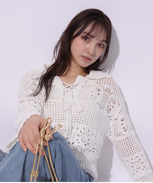 新品 リランドチュール 柄編み スキッパー ニット ミント