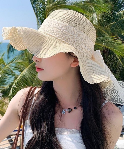 VIBGYOR（ヴィブジョー）の「pur chouchou/バックリボン レース 麦わら帽子 P4458（ハット・レディース・ピンク/ブラウン/ベージュ/ホワイト・FREE）」の5枚目の写真