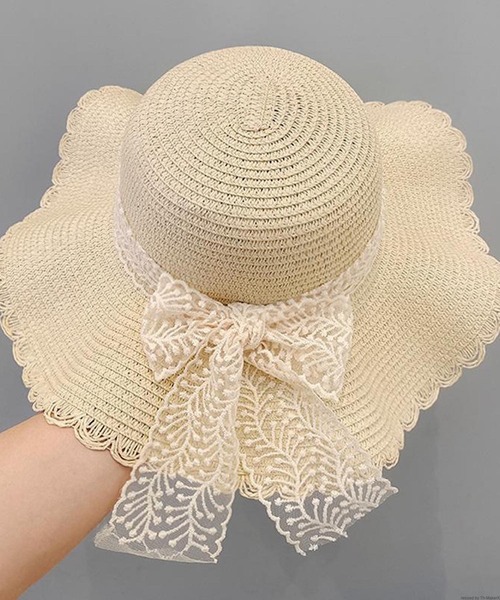 VIBGYOR（ヴィブジョー）の「pur chouchou/バックリボン レース 麦わら帽子 P4458（ハット・レディース・ピンク/ブラウン/ベージュ/ホワイト・FREE）」の6枚目の写真