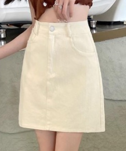 Teem Store(チームストア)の「デニム台形シンプルミニスカート(スカート・レディース・ブラック/アイボリー・S/M/L)」の1枚目の写真