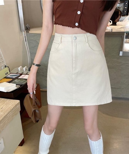 Teem Store(チームストア)の「デニム台形シンプルミニスカート(スカート・レディース・ブラック/アイボリー・S/M/L)」の5枚目の写真