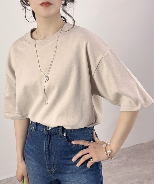 CLOTHY(クロシィ)の「【透けにくい厚手素材☆】ダブルフェイス半袖Tシャツ(Tシャツ/カットソー・レディース・ホワイト/ベージュ/ネイビー/チャコールグレー/グレー/ブラック・SMALL/MEDIUM/LARGE)」の5枚目の写真