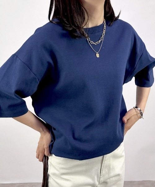 CLOTHY(クロシィ)の「【透けにくい厚手素材☆】ダブルフェイス半袖Tシャツ(Tシャツ/カットソー・レディース・ホワイト/ベージュ/ネイビー/チャコールグレー/グレー/ブラック・SMALL/MEDIUM/LARGE)」の6枚目の写真
