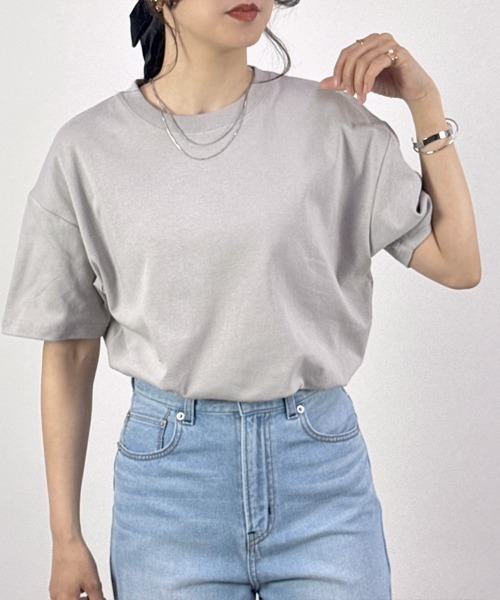 CLOTHY(クロシィ)の「【透けにくい厚手素材☆】ダブルフェイス半袖Tシャツ(Tシャツ/カットソー・レディース・ホワイト/ベージュ/ネイビー/チャコールグレー/グレー/ブラック・SMALL/MEDIUM/LARGE)」の1枚目の写真