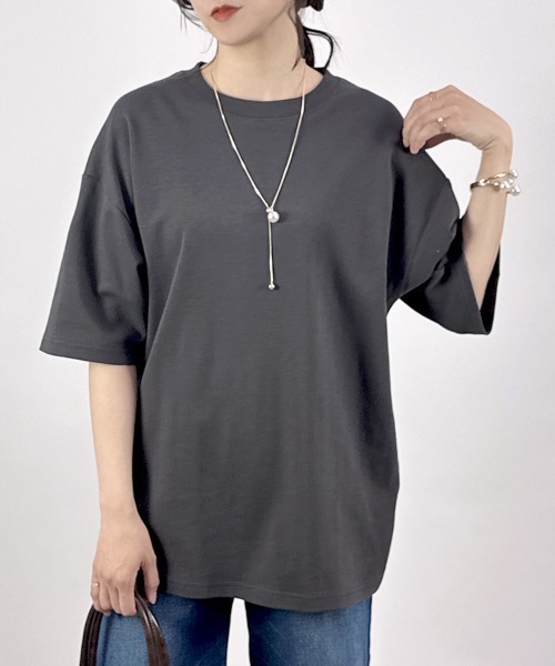 CLOTHY(クロシィ)の「【透けにくい厚手素材☆】ダブルフェイス半袖Tシャツ(Tシャツ/カットソー・レディース・ホワイト/ベージュ/ネイビー/チャコールグレー/グレー/ブラック・SMALL/MEDIUM/LARGE)」の4枚目の写真