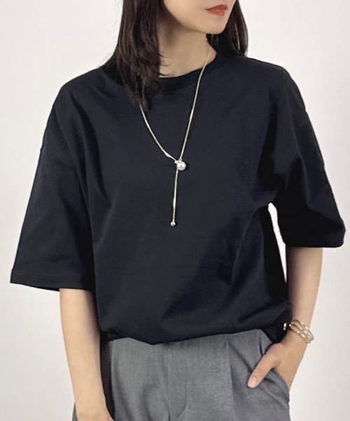 CLOTHY(クロシィ)の「【透けにくい厚手素材☆】ダブルフェイス半袖Tシャツ(Tシャツ/カットソー・レディース・ホワイト/ベージュ/ネイビー/チャコールグレー/グレー/ブラック・SMALL/MEDIUM/LARGE)」の3枚目の写真