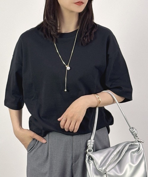 CLOTHY(クロシィ)の「【透けにくい厚手素材☆】ダブルフェイス半袖Tシャツ(Tシャツ/カットソー・レディース・ホワイト/ベージュ/ネイビー/チャコールグレー/グレー/ブラック・SMALL/MEDIUM/LARGE)」の11枚目の写真