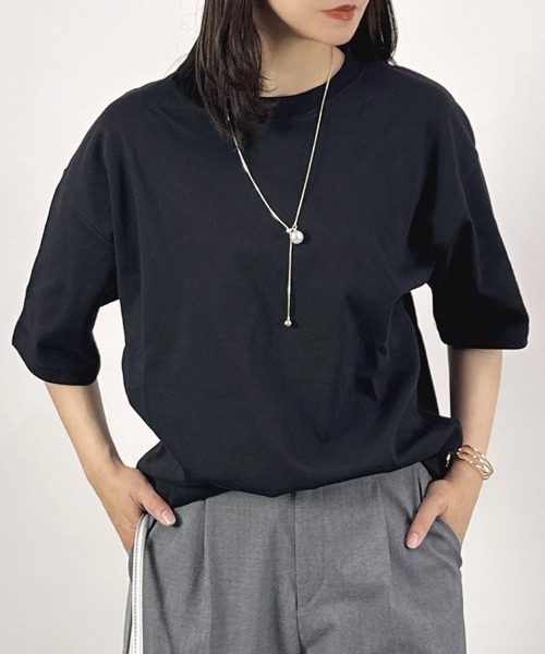 CLOTHY(クロシィ)の「【透けにくい厚手素材☆】ダブルフェイス半袖Tシャツ(Tシャツ/カットソー・レディース・ホワイト/ベージュ/ネイビー/チャコールグレー/グレー/ブラック・SMALL/MEDIUM/LARGE)」の12枚目の写真