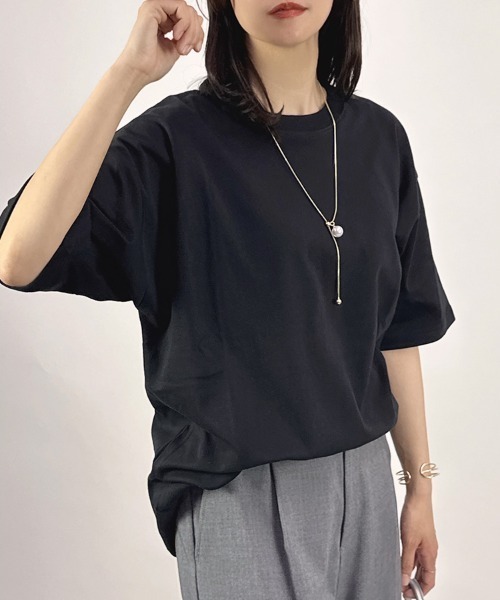 CLOTHY(クロシィ)の「【透けにくい厚手素材☆】ダブルフェイス半袖Tシャツ(Tシャツ/カットソー・レディース・ホワイト/ベージュ/ネイビー/チャコールグレー/グレー/ブラック・SMALL/MEDIUM/LARGE)」の13枚目の写真