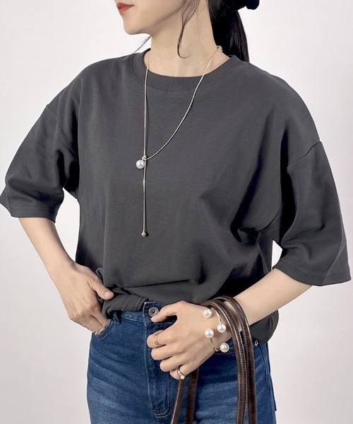 CLOTHY(クロシィ)の「【透けにくい厚手素材☆】ダブルフェイス半袖Tシャツ(Tシャツ/カットソー・レディース・ホワイト/ベージュ/ネイビー/チャコールグレー/グレー/ブラック・SMALL/MEDIUM/LARGE)」の16枚目の写真