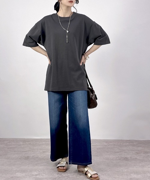 CLOTHY(クロシィ)の「【透けにくい厚手素材☆】ダブルフェイス半袖Tシャツ(Tシャツ/カットソー・レディース・ホワイト/ベージュ/ネイビー/チャコールグレー/グレー/ブラック・SMALL/MEDIUM/LARGE)」の18枚目の写真