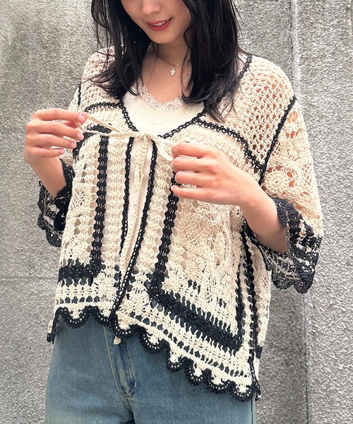 AS KNOW AS plus（アズノゥアズプラス）の「●かぎ針リボン結び半袖カーディガン（カーディガン/ボレロ・レディース・ブラック系/アイボリー系/ブルー系・FREE）」の9枚目の写真