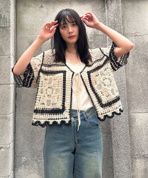 AS KNOW AS plus（アズノゥアズプラス）の「●かぎ針リボン結び半袖カーディガン（カーディガン/ボレロ・レディース・ブラック系/アイボリー系/ブルー系・FREE）」の8枚目の写真