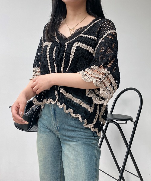 AS KNOW AS plus（アズノゥアズプラス）の「●かぎ針リボン結び半袖カーディガン（カーディガン/ボレロ・レディース・ブラック系/アイボリー系/ブルー系・FREE）」の20枚目の写真