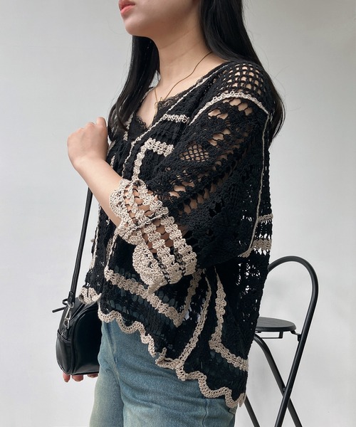 AS KNOW AS plus（アズノゥアズプラス）の「●かぎ針リボン結び半袖カーディガン（カーディガン/ボレロ・レディース・ブラック系/アイボリー系/ブルー系・FREE）」の19枚目の写真